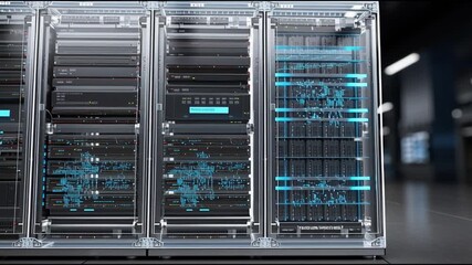 6G network infrastructure. Quantum communication. Holographic communication. Data Speed. A modern data server rack in a sleek, high-tech environment. - Powered by Adobe