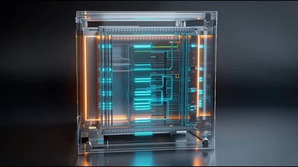 6G network infrastructure. Quantum communication. Holographic communication. Data Speed. A futuristic transparent cube showcasing digital technology inside. - Powered by Adobe