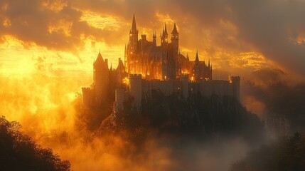 Fototapeta premium Majestic castle on a hilltop at sunset, illuminated by warm golden light and shrouded in mist.