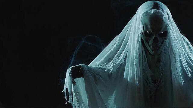A beautiful woman with black hair, a veil, and a wedding dress is a scary Halloween ghost and skeleton bride