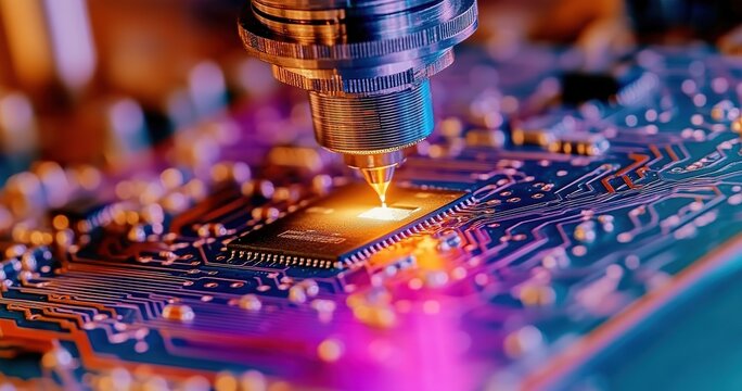  Precision Laser Tool Lighting Up Chip on Circuit Board. Detailed Close-Up for High-Tech Atmosphere. Extreme Ultraviolet Lithography (EUV) Process in AI Chip Manufacturing.
