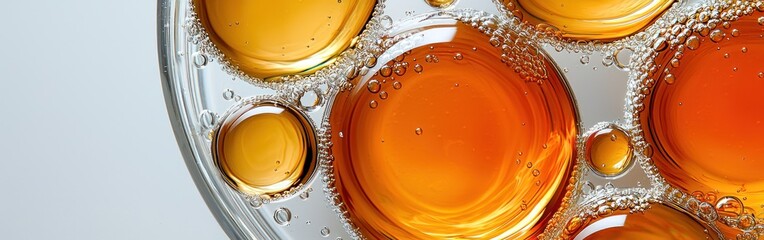 Close-up of golden oil droplets suspended in a clear liquid with tiny bubbles