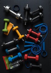 Fitness Equipment Flatlay: Dumbbells, Jump Rope, Resistance Bands