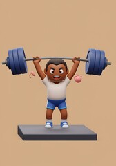 3D Render: Cartoon Boy Weightlifting, Strength, Fitness