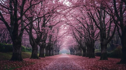 A serene pathway lined with blooming pink cherry blossom trees forming a natural canopy archway in spring