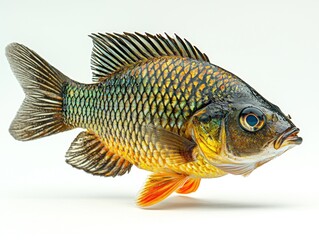 Fototapeta premium Colorful fish, scales, fins, dark top, yellow belly on white background