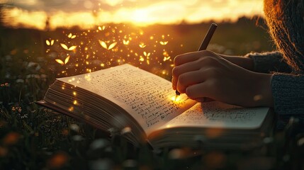 a person writing in a glowing diary at sunrise, flying symbols of passion and dreams from the pages, fusion of everyday life and future visions, natural lighting, emotional tone, documentary style