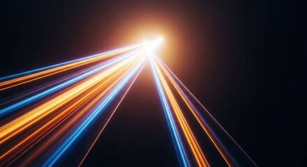 Converging beams of gold and blue light streak across a dark background