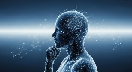 Contemplative figure constructed from network dots on blue gradient background