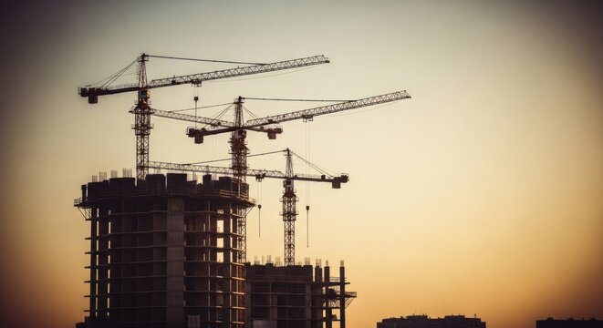 Cranes build high rises against a muted sky, construction in progress