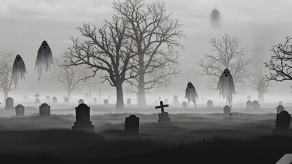 Foggy haunted graveyard with eerie ghostly figures among tombstones and bare trees. - Powered by Adobe