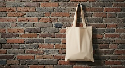 Beige Tote Bag Hanging on Brick Wall