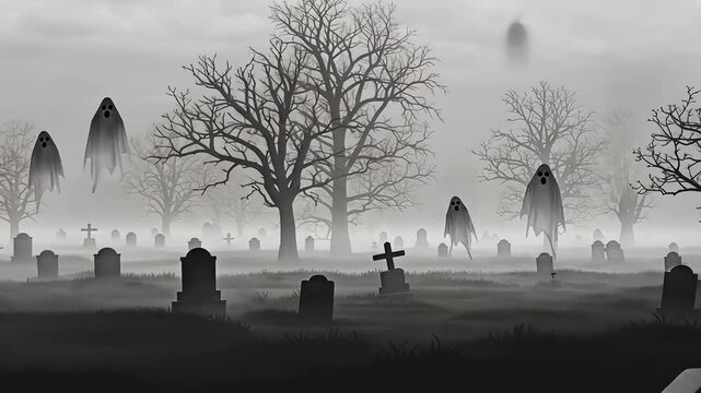 Foggy haunted graveyard with eerie ghostly figures among tombstones and bare trees.