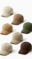 Six Baseball Caps, Assorted Colors, Flat Lay
