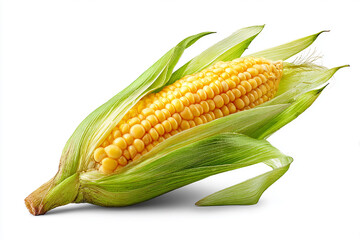 Realistic fresh corn with husk partially peeled revealing yellow kernels on clean white background