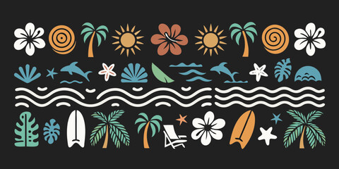 Tropical beach vacation elements and symbols in a repeating pattern on a dark background
