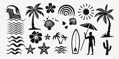 Collection of black silhouette beach and tropical elements including waves palm trees flowers sun and seashells