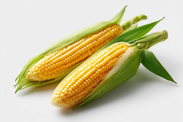 Realistic fresh corn on the cob with green husk placed on clean white background for farm food theme