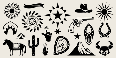 Collection of western and native american inspired black silhouette icons on a cream background
