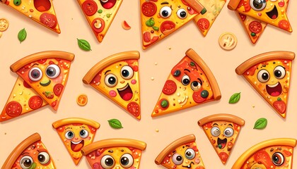 Cheerful cartoon pizza slices with expressive faces, toppings, and green accents, arranged on a beige background