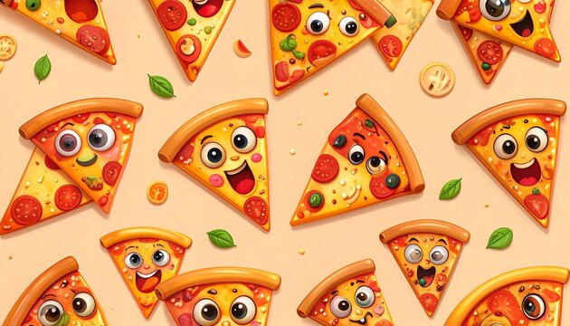 Cheerful cartoon pizza slices with expressive faces, toppings, and green accents, arranged on a beige background