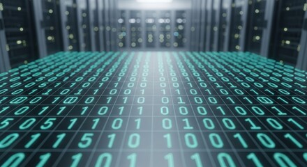 Data center with binary code overlayed, cabinets in background