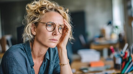 office worker around 40 sitting at cluttered desk, glasses on, resting head in one hand while holding a pen in the other, reflecting fatigue and concentration overload. Empty space to the right 