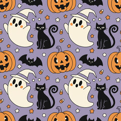 Cute Halloween seamless pattern with kawaii ghosts in witch hats, black cats, and smiling pumpkins. A fun cartoon background for kids' party decor and textiles.