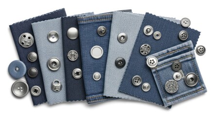Denim swatches with various metal buttons and clasps, scattered around