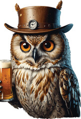 Cute Brown Owl with Coffee Cup Illustration: A cute brown owl with big, round eyes holds a steaming cup of coffee. The owl has detailed feathers, upright pointed ears, and a curious expression