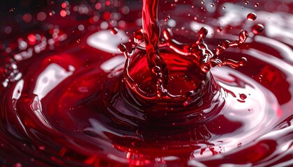 A vibrant red liquid splash creates intricate ripples and concentric circles on a dark surface.