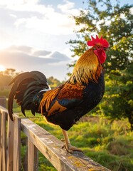 Rooster on a fence at sunrise
