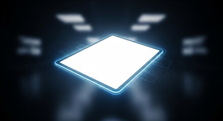 Floating holographic tablet with blank screen in a dark space.