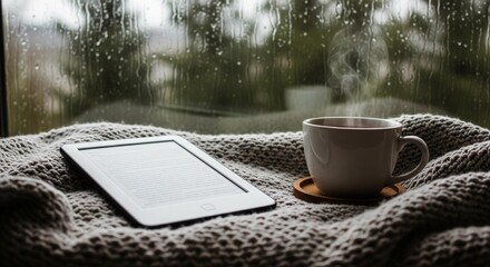 E-reader with text on screen next to a cup of hot coffee.