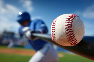 Close up of a baseball resting on a bat with a blurred baseball player in the background on a sunny day
