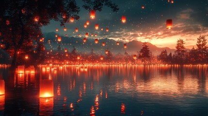 Magical sunset landscape with floating lanterns over calm lake.