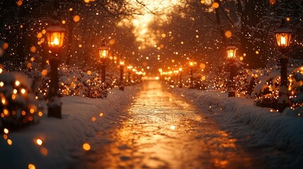 Snowy pathway with warm lights at night.