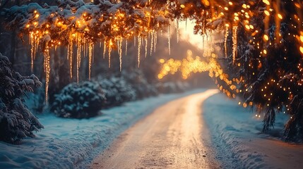 Snow-covered path with icy branches and warm fairy lights at sunset.