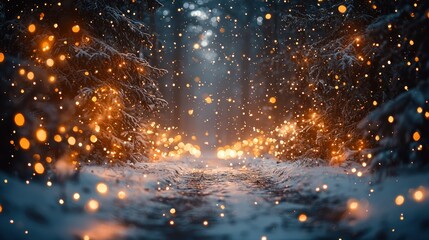 Magical snowy forest path with warm lights.