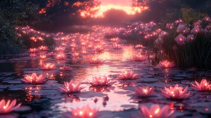 Glowing pink lotus flowers floating on calm water at sunset.