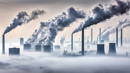 smokestacks. Industrial landscape with smokestacks and a dramatic cloudy sky. safety posters, maintenance manuals, designed for precision metalworking and fabrication facilities, used by engineers.
