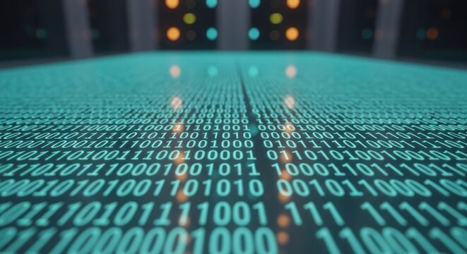 Futuristic digital grid with binary code, glowing with teal light, bokeh in background