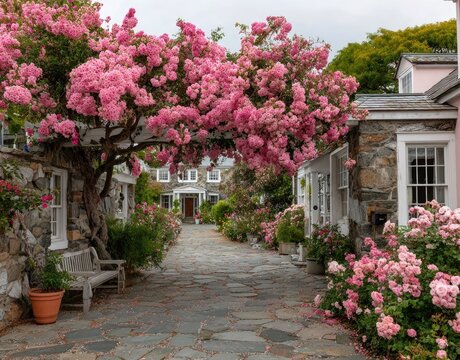 Flowering Tree Blooms Over a Pathway