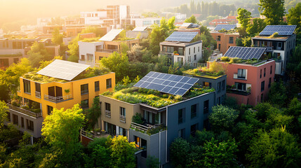 Fototapeta premium Rooftop gardens and solar panels in modern housing projects high resolution picture