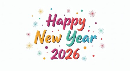 Festive "Happy New Year 2026" text adorned with colorful confetti and sparkling fireworks against a clean white background, celebrating the upcoming year.