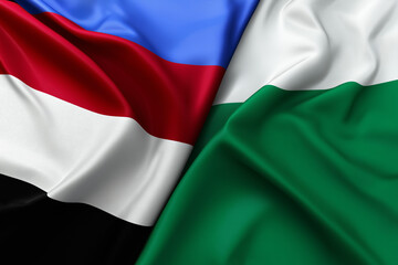 High resolution image of Sudan and South Sudan national flags together, full frame filled with waving fabric texture, clean sharp folds, photorealistic