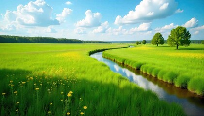 Serene Spring Landscape Featuring a River Flowing Through a Lush Meadow