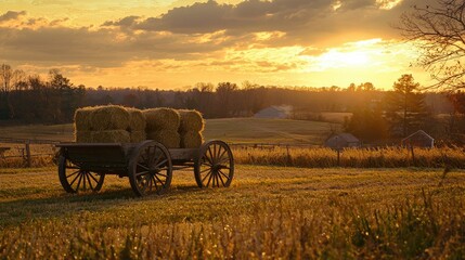 A wagon carrying hay bales through a farm during sunset.