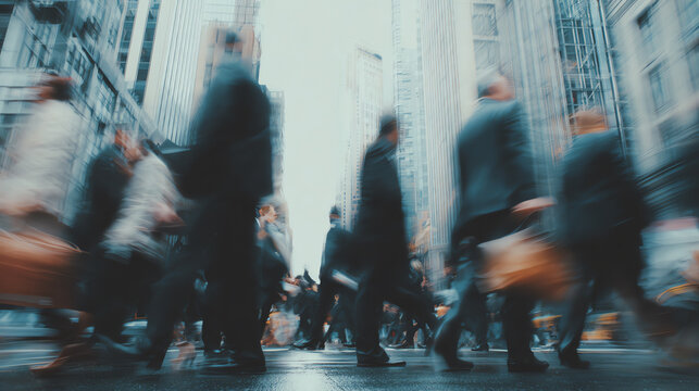 A bustling city scene with blurred figures in business attire walking through a busy street, showcasing urban life and movement.