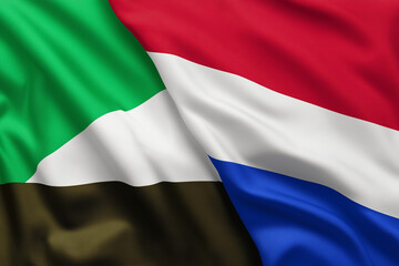 High resolution image of Sudan and South Sudan national flags together, full frame filled with waving fabric texture, clean sharp folds, photorealistic